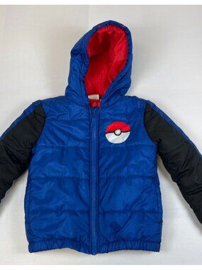 Pokémon Boys Size 7/8 Puffer Jacket Blue Black Pokéball Hooded Graphic coat